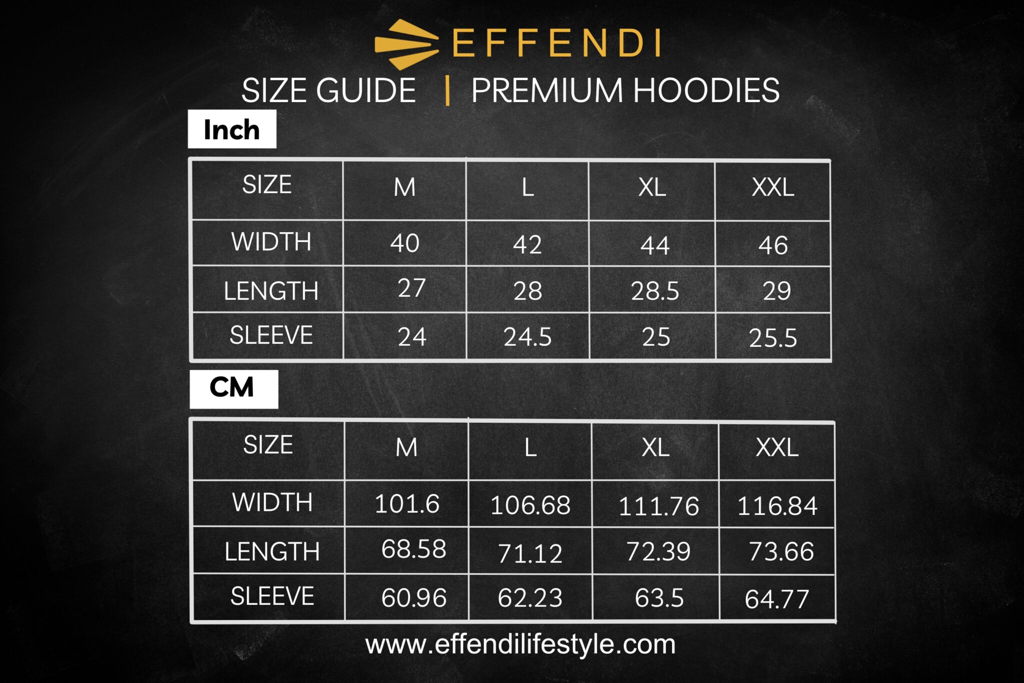 EFFENDI hoodies size guide